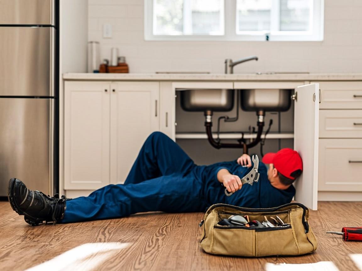 TrueFlow plumber fixing pipes under a kitchen sink